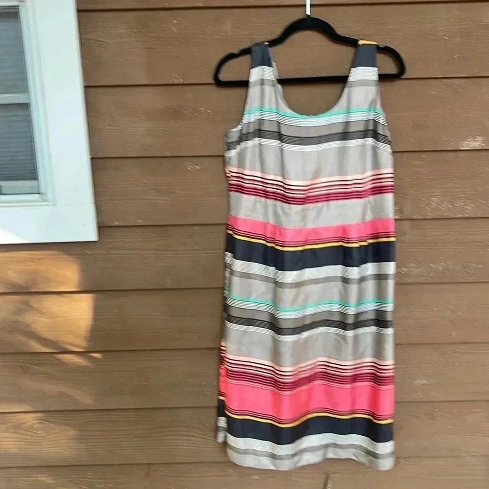 Banana Republic gray/coral/green striped silk dress size 14